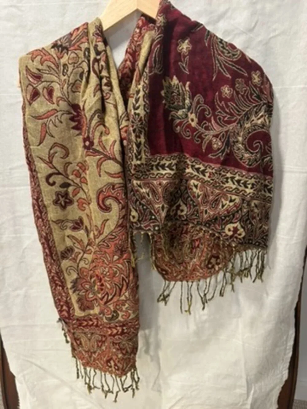 Burgundy Red & Gold Paisley Shawl Wrap Scarf with Tassels